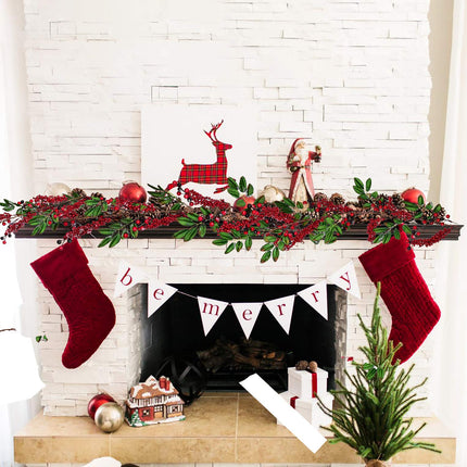 Artiflr 6 feet Red Berry Garland with Green Leaves Wired Christmas Berry Garland Rustic Berry Twig Artificial Garland for Holiday Winter Season Mantel Fireplace Table Runner Centerpiece Decoration