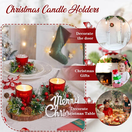 Christmas Votive Candle Holders: Candle Wreaths Rings with Red Berry and Pinecone Elk Glass Set of 4 for Christmas Home Table Centerpiece