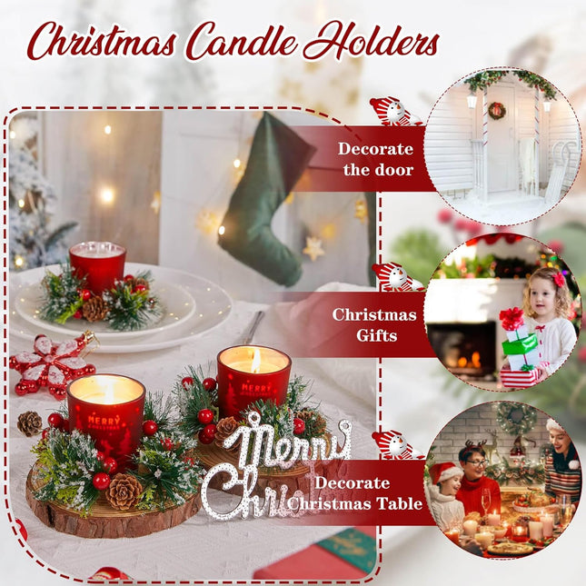 Christmas Votive Candle Holders: Candle Wreaths Rings with Red Berry and Pinecone Elk Glass Set of 4 for Christmas Home Table Centerpiece