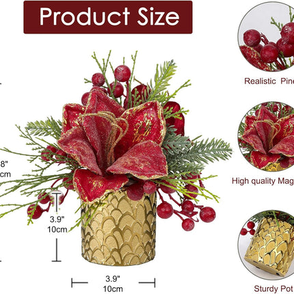 Briful 9.8 Inch Christmas Tree Small Artificial Potted Christmas Arrangment in Gold Pot with Red Berries,Holly,Red Magnolia Xmas Flowers for Centrepieces Table Farmhouse Countertop Décor