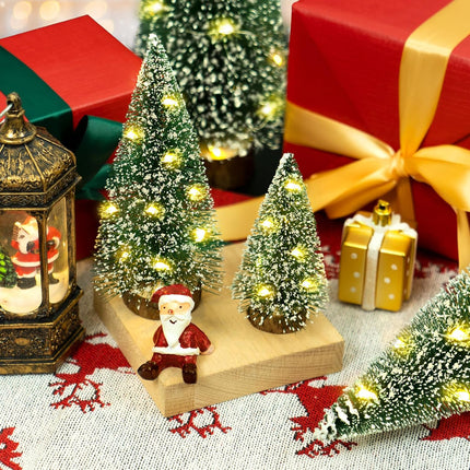 Small Christmas Tree with Lights, 4 Pcs Table Top Mini Christmas Tree with Wooden Bases, LED String Light Small Bottle Brush Pine Tree Decor for Xmas Holiday Party Home Indoor Christmas Decoration
