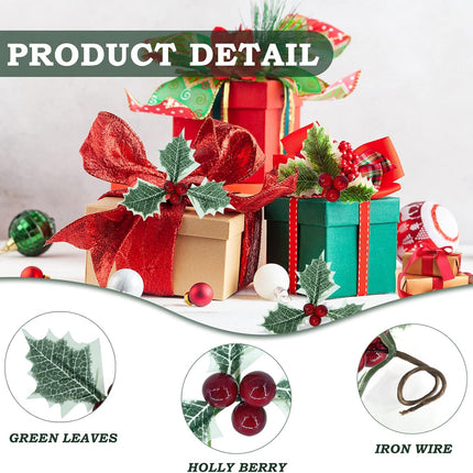 Holly Berries with Green Leaves, 24PCS Artifical Red Holly Berry Flowers for Christmas Tree/Wreath Arrangement Decorations, Red Berry Christmas Picks for Crafts s Wedding Party Decor