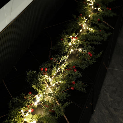 6 FT Christmas Garland with Lights for Mantle Cypress Garland with Red Berries Lighted Garland Battery Operated with Timer for Home Fireplace Christmas Decorations