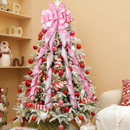 Christmas Tree Topper Christmas Wreath Bow, 52 13 inches Large Tree Toppers Bow with Snowflake Patterned for Xmas Tree Décor Christmas Home Indoor Outdoor Decoration Pink
