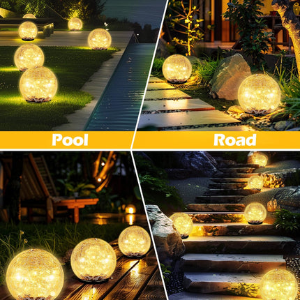Garden Solar Ball Lights Outdoor Waterproof, 50 LED Cracked Glass Globe Solar Power Ground Lights for Path Yard Patio Lawn, Christmas Decoration Landscape Warm White(2 Pack 4.7'')