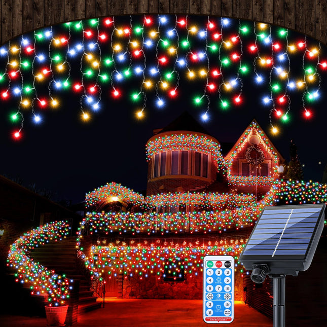 Retisee 65ft Solar Icicle Light for Outdoor 600 LED Waterproof Xmas Solar String Light Solar Powered Icicle String Lights for Outside Indoor Yard Porch Hanging Decor(Colorful)