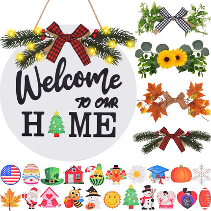 Interchangeable Welcome Home Sign, Front Door Decor With 4 Seasonal Wreaths and 21 Changeable Icons, Rustic Wood Wall Porch Hanger for Holiday Halloween Christmas Housewarming (White)