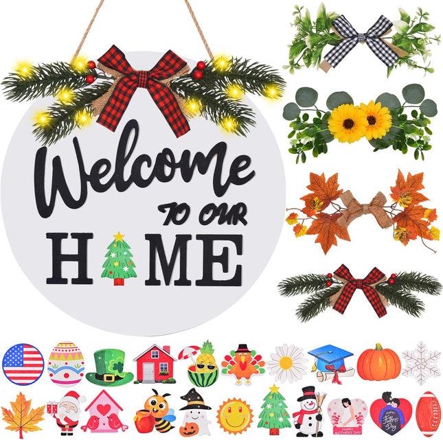 Interchangeable Welcome Home Sign, Front Door Decor With 4 Seasonal Wreaths and 21 Changeable Icons, Rustic Wood Wall Porch Hanger for Holiday Halloween Christmas Housewarming (White)