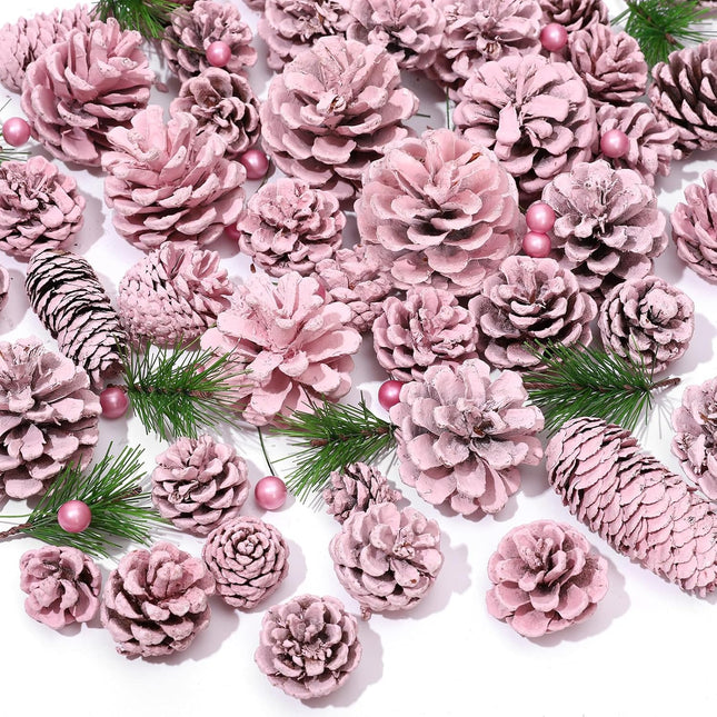 Whaline 170Pcs Christmas Pine Cone Berry Pine Branch Set Pinecone Pendant Pink Winter Ornament for DIY Craft Home Decor Xmas Tree Tag Party Supplies, Assorted Sizes