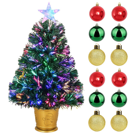 Waipfaru 24 Inch Green Fiber Optic Christmas Tree, Prelit Artificial Mini Christmas Tree with Christmas Decorations Ball, Tabletop Small Xmas Tree with Stars, for Christmas Decorations