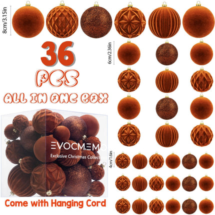 Velvet Christmas Ball Ornaments Brown Christmas Tree Decorations 36pcs Shatterproof Christmas Ornaments Set with 5 Styles in 3 Sizes(Small Medium Large)