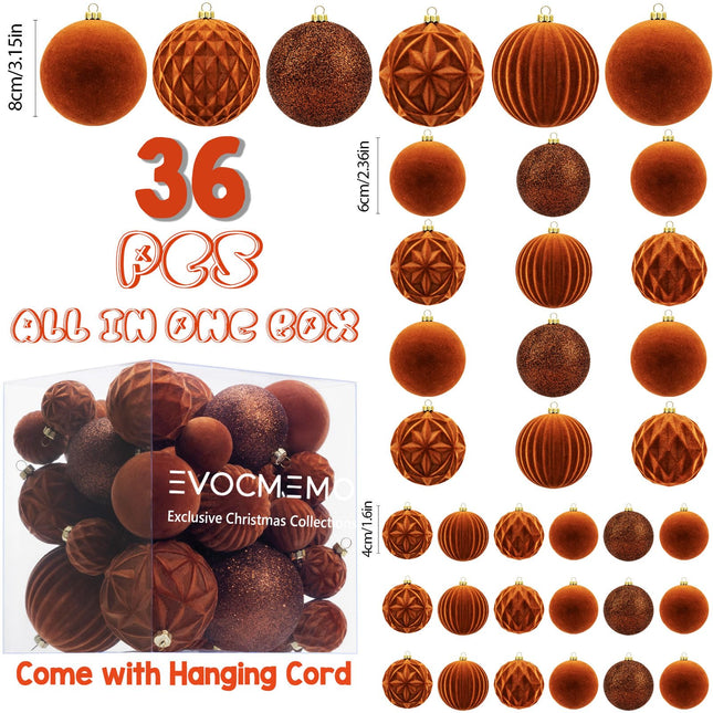 Velvet Christmas Ball Ornaments Brown Christmas Tree Decorations 36pcs Shatterproof Christmas Ornaments Set with 5 Styles in 3 Sizes(Small Medium Large)