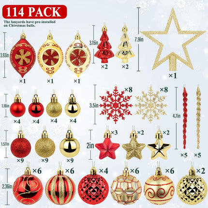 114 Pcs Red and Gold Christmas Ball Ornaments Set, Xmas Tree Ornament Bulk Decoration, Shatterproof Decorative Hanging Baubles for Party Holiday Wreath Garland Home Décor