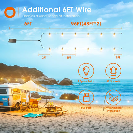addlon 102FT(96+6) Solar String Lights Outdoor Waterproof with USB Port & Remote Control Solar Patio Lights Long Last for 20+Hrs Dimmable Solar Power LED Bulbs for Porch Garden Market Bistro Christmas