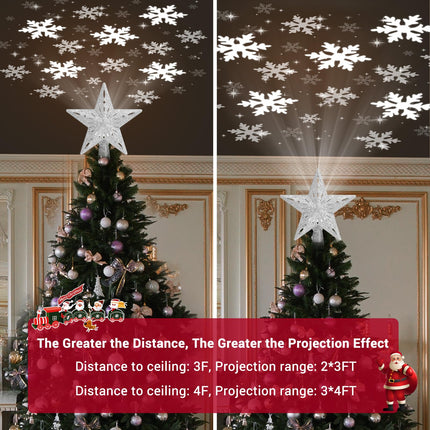 Christmas Tree Topper Lighted with 6 Pattern Projection Modes, Christmas Star Tree Topper Built-in LED Rotating Lights, 3D Glitter Projector for Christmas Decorations (Silver)