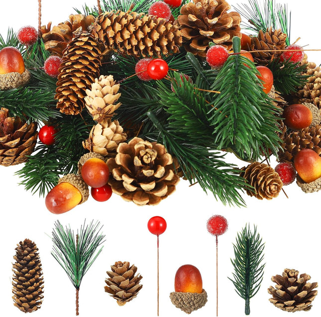 Zeyune 180 Pcs Christmas Pine Cones Holly Berry Craft Pine Branch Set Christmas Potpourri Bowl Filler Vase Filler Wreath Decorations Frost Berry Assorted for DIY Home Tree (Natural,Pine Cone)