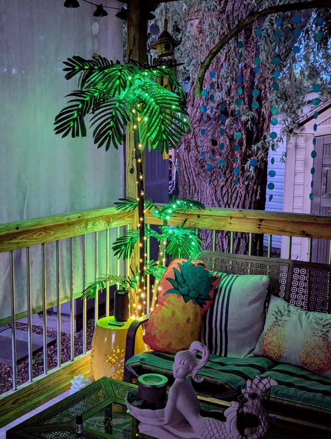 7FT Artificial Lighted Palm Tree, Light Up Tropical Fake Palm Tree for Indoor, Outdoor, Christmas, Hawaiian, Jungle, Home Party, Pool, Beach, Patio Decor