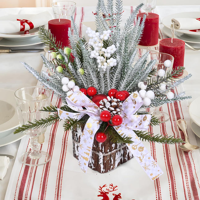 LOLStar Christmas Trees, Tabletop Artificial Mini Christmas Tree Decorations with Christmas Ball Ornaments Pine Cone Red White Berry for Xmas Fireplace Mantel Party Winter Indoor Outdoor Decoration