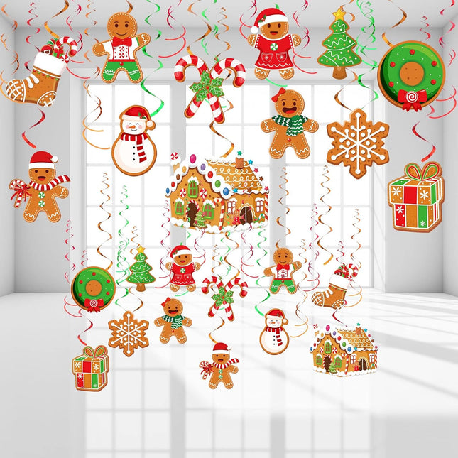 52 Pcs Christmas Gingerbread Man Party Hanging Swirl Decorations, Merry Gingerbread Man Snowflake Christmas Tree Ceiling Hanging Streamers Swirl for Xmas Winter Year Holiday Party Supplies