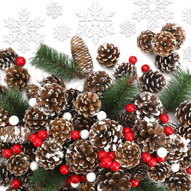 200Pcs 1.5-3 Inches Christmas Pine Cones, Mixced Snowflake Ornaments and Berry Pine Branch Set, Bulk Xmas Decorations for Winter DIY Crafts Tag Party Supplies