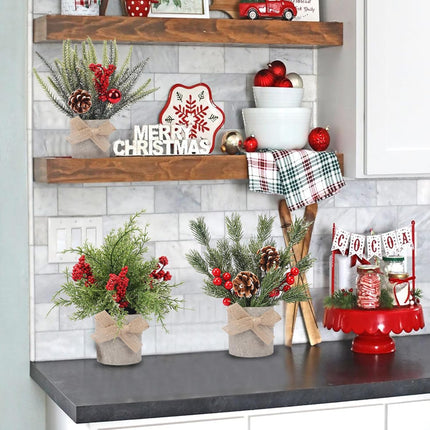 HUAESIN Small Christmas Table Decorations 9.4 Inch Tabletop Mini Christmas Centerpiece Potted Christmas Tree with Pinecones and Berries, Xmas Fake Plants for Tables Home Mantel Holiday Decor, 3 Pack