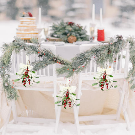 Artificial Mistletoe Pick Mistletoe Christmas Decoration with Berries and White Ribbon Bow Faux Mistletoe Hanging Mistletoe Kissing Ball for Christmas Tree Ornament Party Decor (Red White,2 Pieces)