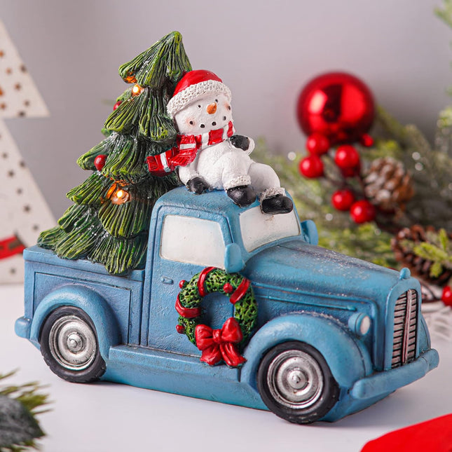 Christmas Truck Snowman Statue Tabletop Decoration with Led Light, Vintage Blue Car Figurine with LED Light Christmas Tree, Christmas Decor for Home & Office, 7''H
