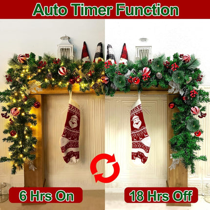 6 Ft Prelit Christmas Garland Decoration with 30 Lights Timer 8 Modes 20 Snowy Bristle Pine,12 Ball Ornaments, 12 Pinecones,132 Red Berries,4 Cypress Leaves Battery Operated for Home Indoor Xmas Decor