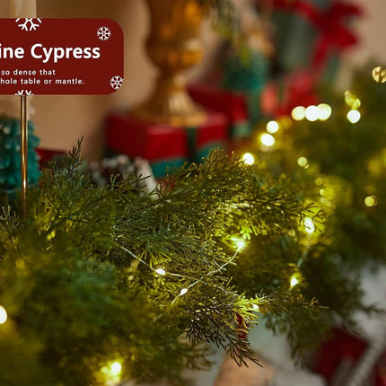 6FT Christmas Garland PARTY JOY Cedar Garland with 9.8FT LED Lights String, Greenery Plant for Christmas Decorations Table Mantle Background Wall Room Outdoor Indoor Winter Decoration