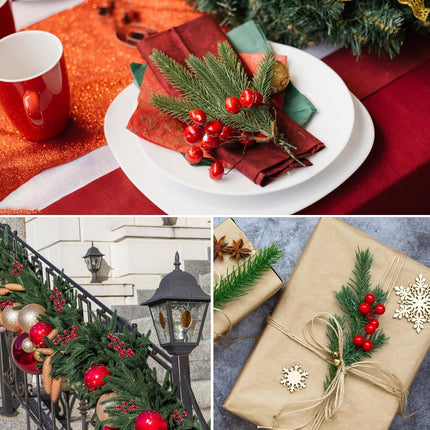 CIEOVO 54 Pieces Christmas Picks, 36 Artificial Pine Needles Branches Garland and 18 Christmas Picks Artificial Red Berry Stems Fake Holly Berries for Christmas Tree 0rnaments DIY Wreath Vase Holiday