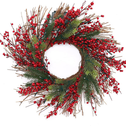 Pre-Lit Christmas Wreath 20 Inches Small Light Timer Artificial Pine Berries Xmas Decorations for Front Door Holiday Fireplace Wall Window Decor