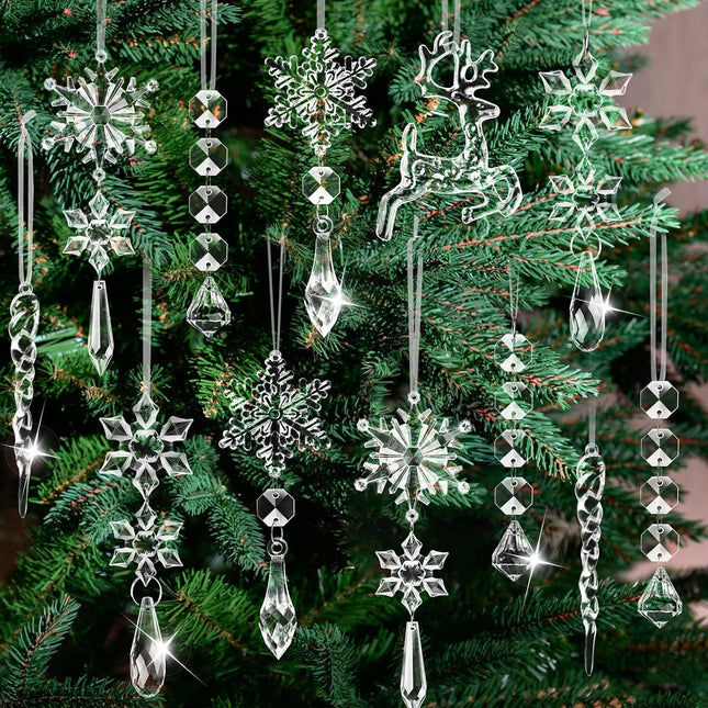 20 PCS Crystal Ornaments Christmas Tree Decorations, Hanging Acrylic Snowflake Icicle Drop for Winter Wonderland Holiday Year Party Decor Supplies