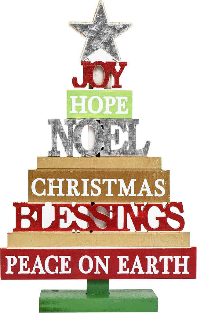 Modern Farmhouse Wood Christmas Sign Table Decor, Vintage Rustic Christmas Tree Decor for Holiday Festival Party Decoration, Joy Hope Blessing Sign for Christmas 16"H