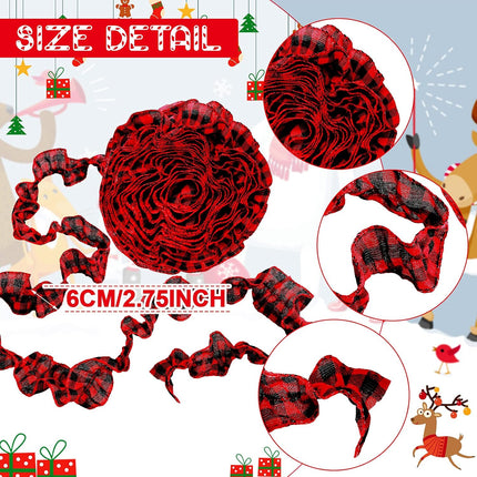 15 Yards Plaid Christmas Tree Garland Christmas Buffalo Plaid Ribbon Ruffled Homespun Fabric Garland Christmas Tree Ribbon Decorations for Christmas Home Wreath Staircase Tree Decor (Red and Black)