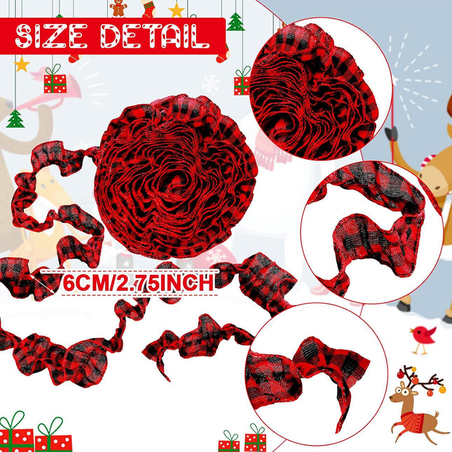 15 Yards Plaid Christmas Tree Garland Christmas Buffalo Plaid Ribbon Ruffled Homespun Fabric Garland Christmas Tree Ribbon Decorations for Christmas Home Wreath Staircase Tree Decor (Red and Black)