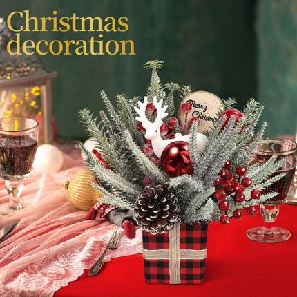 Artificial Christmas Tree, Small Christmas Tree Decorations, Holiday Decorations with red Apples、and Red and Black Checkered Base for Home Interior Christmas Decoration
