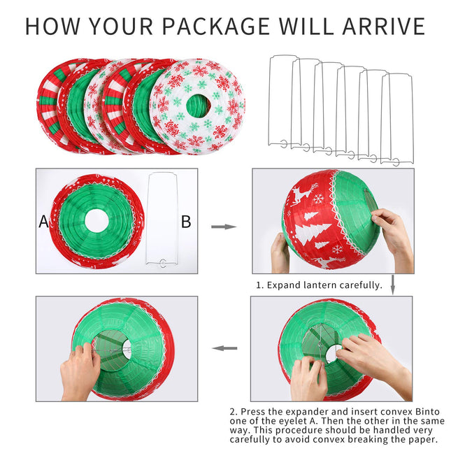 6 Pieces Christmas Hanging Paper Lanterns Set, Red Green White Christmas Party Lanterns, Round Hanging Lamps Christmas Paper Lanterns Decoration for Christmas Party Home Decoration Supplies Props