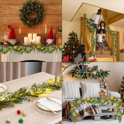 6.6 Ft Christmas Garland Prelit with 20 LED Lights, Battery Powered with Timer, Lighted Garland with White Berries for Mantle Stairs Wall, Indoor&Outdoor Pine Garlands for Christmas Decorations