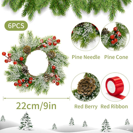 6Pcs 9" Christmas Wreaths Small Christmas Wreaths for Kitchen cabinets Mini Wreaths with Red Ribbon Christmas Candle Ring with Pine Cone, Red Berry & Pine Needle Decor for Christmas Decorations