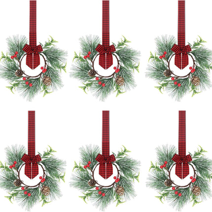 XJar 6 Pcs Mini Christmas Wreaths with Snowy Pine Needles，Pine Cone, Berry and Plaid Bow Ribbon Hanging Decorative for Cabinets Kitchen Window Outdoor Indoor Chair Wall Decor