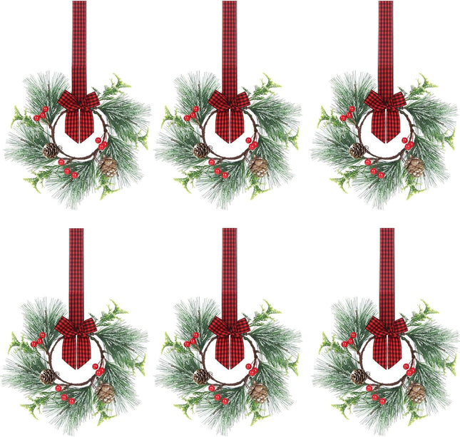XJar 6 Pcs Mini Christmas Wreaths with Snowy Pine Needles，Pine Cone, Berry and Plaid Bow Ribbon Hanging Decorative for Cabinets Kitchen Window Outdoor Indoor Chair Wall Decor