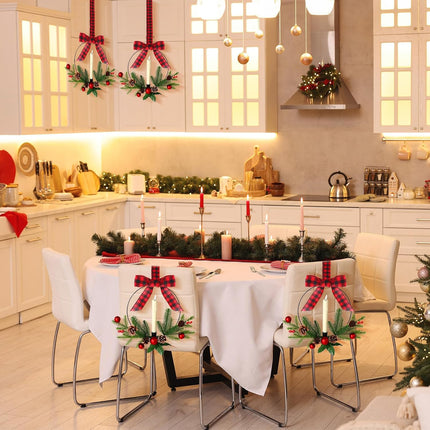 Lighted Christmas Kitchen Cabinet Wreath with Ribbon Bow Xmas Wreath LED Lights Farmhouse Artificial Cabinet Hanging Artificial Wreath Christmas Decorations for Door Wall Christmas Party