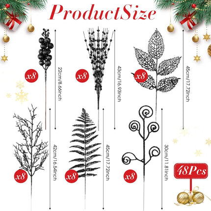 Ceenna 48 Pcs Glitter Christmas Tree Picks and Sprays Artificial Christmas Berries Stems Branches Beaded Stick Floral Twig Spray Leaves for Xmas Tree Ornaments DIY Vase Wreath Crafts(Black)