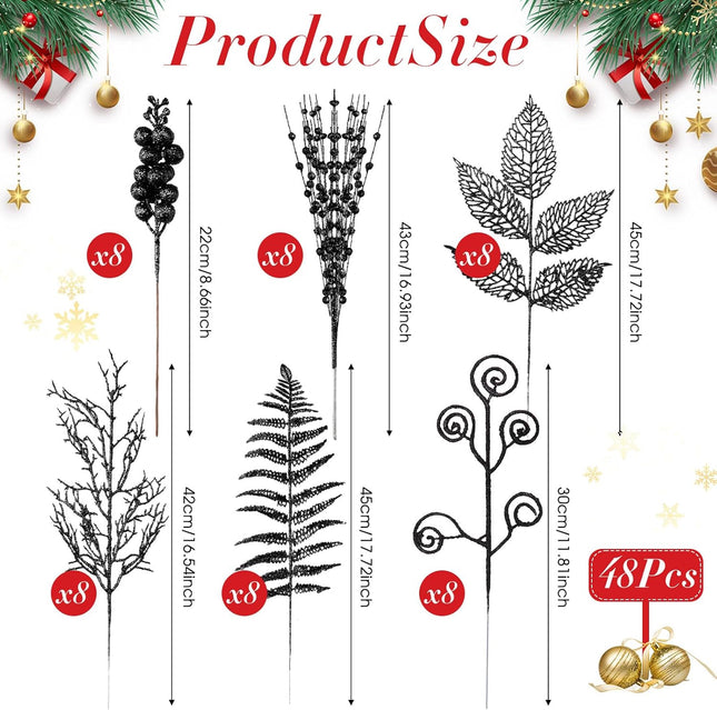 Ceenna 48 Pcs Glitter Christmas Tree Picks and Sprays Artificial Christmas Berries Stems Branches Beaded Stick Floral Twig Spray Leaves for Xmas Tree Ornaments DIY Vase Wreath Crafts(Black)