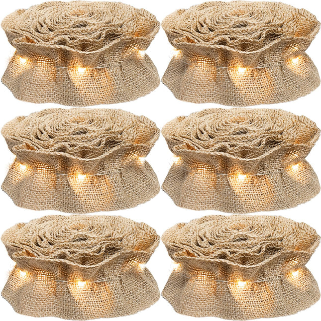 Jishi Pre-Lit Christmas Decorations Garland 9 Ft Burlap Ribbon for Christmas Tree, 6-Rolls LED Lighted Burlap Garland for Christmas Tree, Rustic Boho Natural Jute Vintage Country Farmhouse Home Decor
