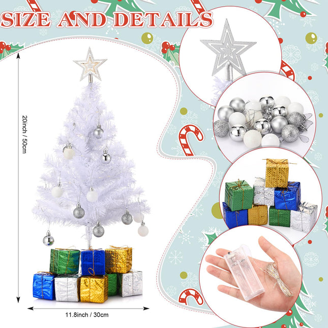 Hotop 2 Pcs Small White Tabletop Christmas Tree with LED Lights DIY Mini Christmas Tree with Hanging Ornaments Star Treetop Decorated Boxes for Christmas Decor