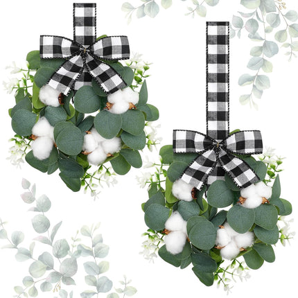Dingion 2 Pcs 10" Christmas Kitchen Cabinet Wreaths Mini Cotton Eucalyptus Wreath for Front Door Small Farmhouse Winter Wreath with Buffalo Plaid Ribbon for Door Porch Wall Window Chair Decor