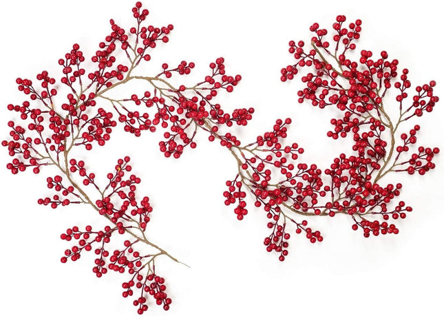 DearHouse 6FT Red Berry Garland, Flexible Artificial Red and Burgundy Berry Garland for Indoor Outdoor Hone Fireplace Decoration for Winter Christmas Holiday Year Decor