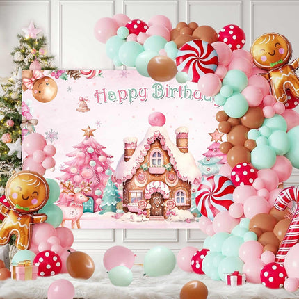 Lofaris Christmas Gingerbread House Happy Birthday Party Decorations 140pcs Gingerbread Balloon Arch Garland Kit Winter Merry Xmas Pink Bday Snowflake Candyland Banner Backdrop