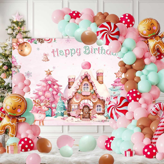 Lofaris Christmas Gingerbread House Happy Birthday Party Decorations 140pcs Gingerbread Balloon Arch Garland Kit Winter Merry Xmas Pink Bday Snowflake Candyland Banner Backdrop